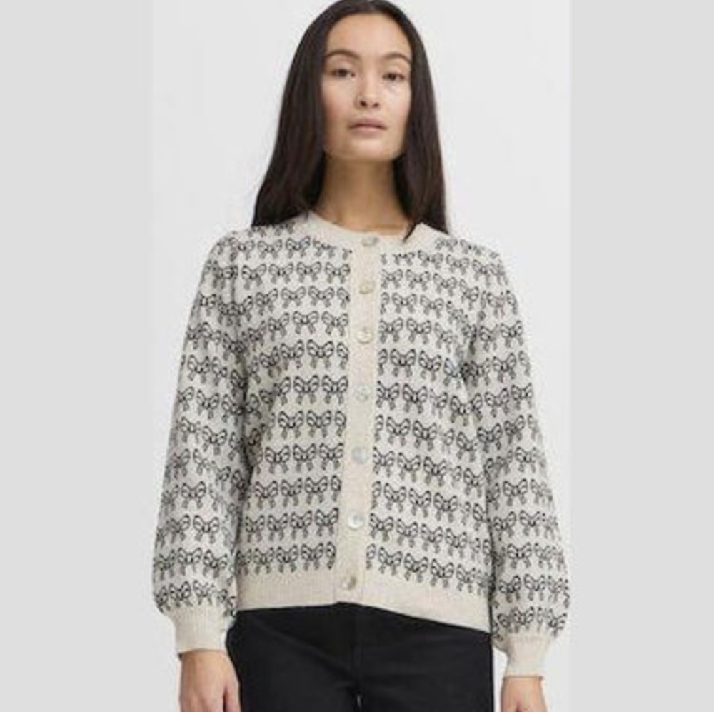 ICHI Cardigan Sweater Ihbrielle Beige Bow Pattern Button Up Preppy Women's Sz S